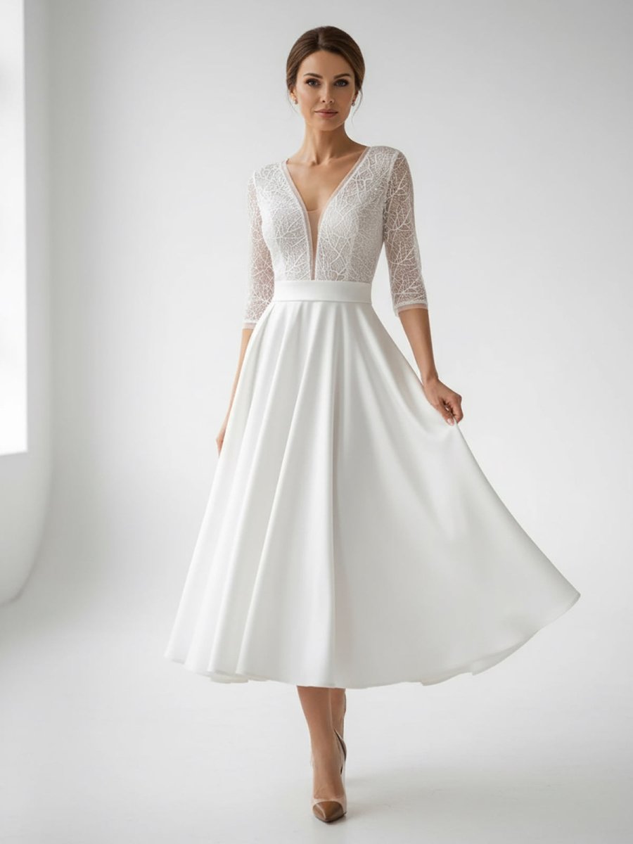 Margaritte | Satin V - neck A Line Tea - length Wedding Dress with Ruching and Sash - KissProm