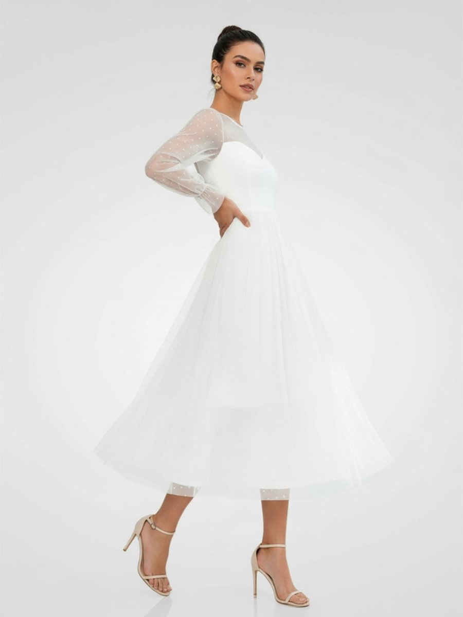Zelina | Elegant A-Line Long Sleeve Tea Length Wedding Dresses