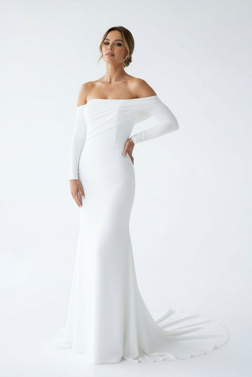 Pearl | Simple White Boho Mermaid Long Wedding Dress with Sleeves - KissProm