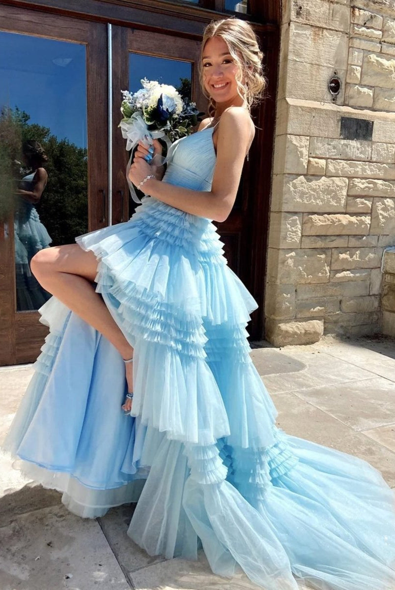 Amanda| A-Line Spaghetti Straps Long Tiered Tulle Prom Dress With Split