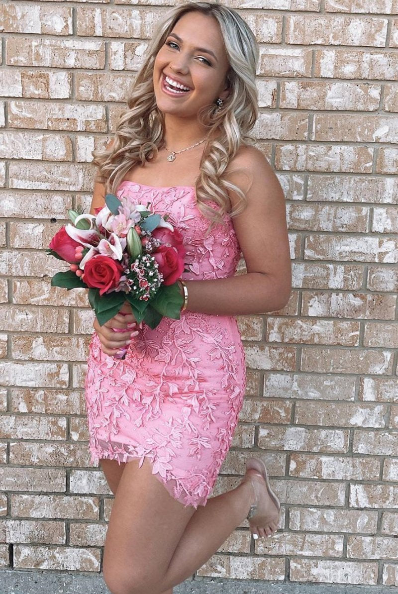 Pink Strapless Applique Mini Party Dress