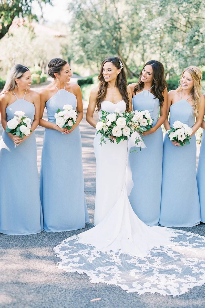 Charming A - Line Halter Sky Blue Chiffon Long Bridesmaid Dresses - KissProm