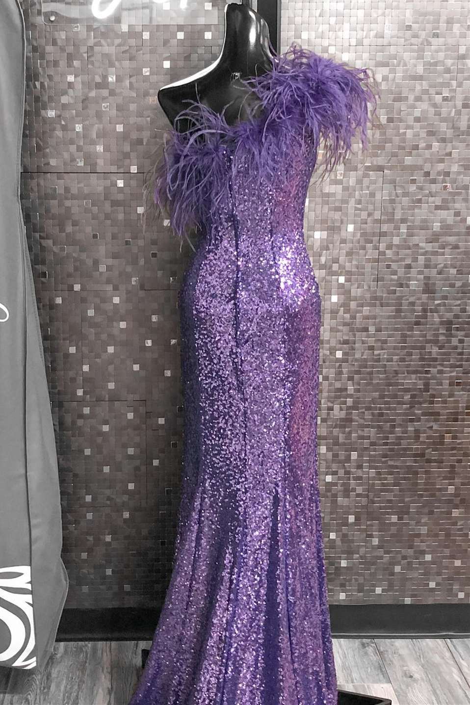 Pink Sequin Feather One - Shoulder Prom Dress with Slit - KissProm