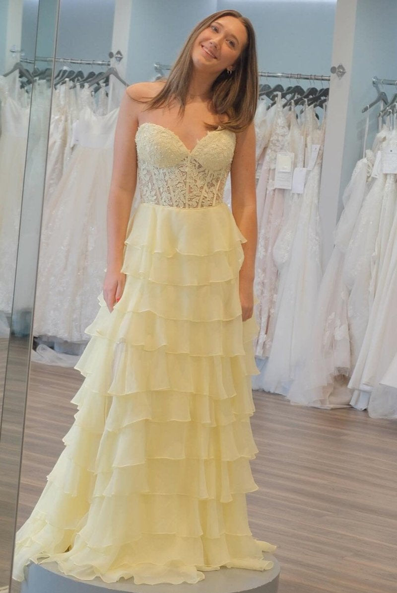 KissProm-Alondra Yellow Chiffon Sweetheart Ruffle Tiered Long Prom Dress