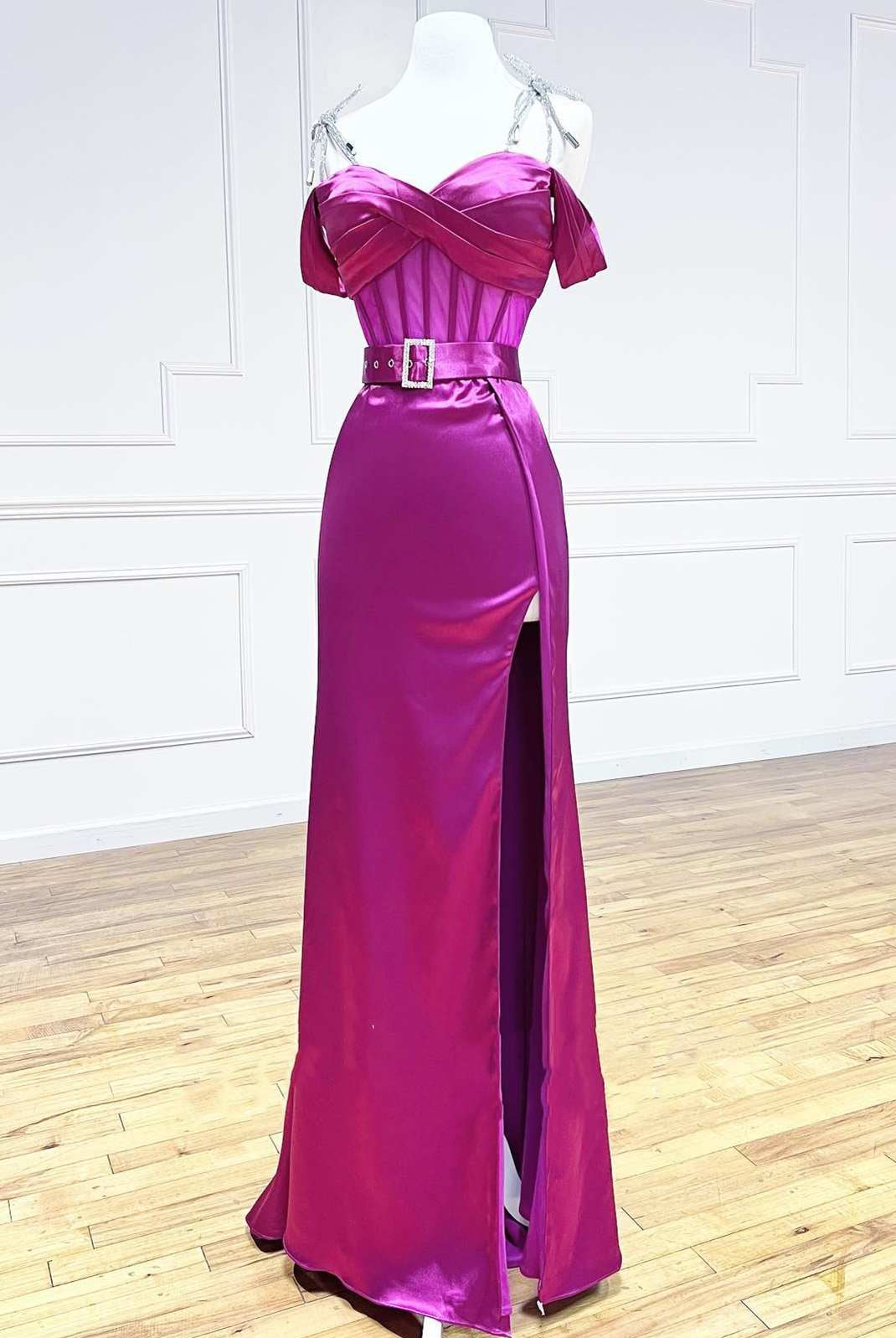 Magenta Sweetheart Belted A - Line Prom Dress with Slit - KissProm