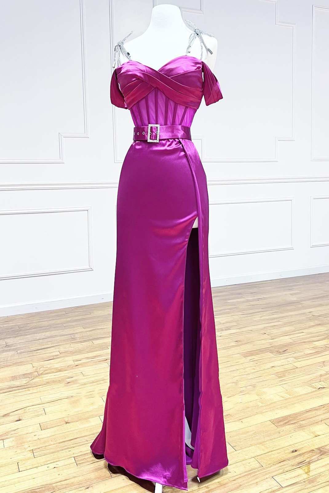 Magenta Sweetheart Belted A - Line Prom Dress with Slit - KissProm