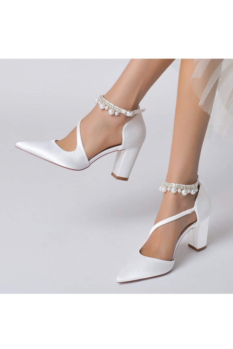 White Satin Heels with Cross - Strap Design and Pearl - Accented Buckle - KissProm