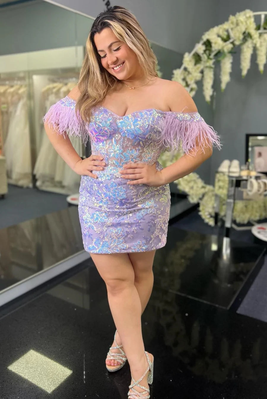 Selena | Bodycon Lace Feathers Off-the-Shoulder Short with Sequin Appliques Homecoming Dresses