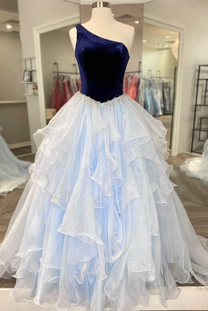 Belinda | Ruffle One Shoulder Royal Blue Velvet Top Long Formal Dress - KissProm