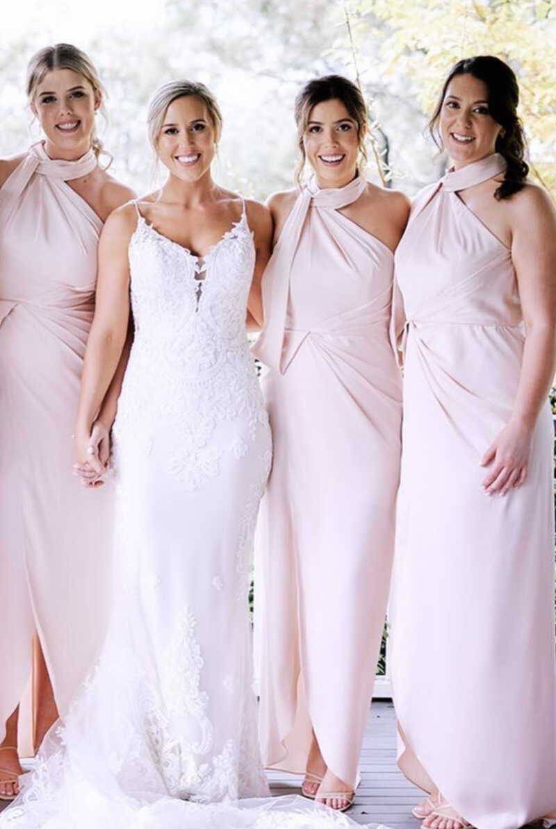 Pink Halter Backless Long Bridesmaid Dress - KissProm