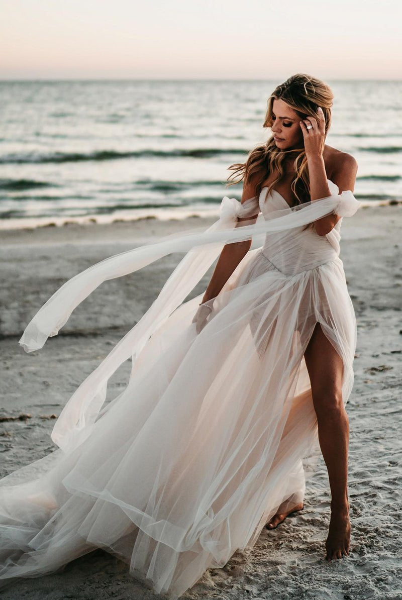 Fairy Off the Shoulder Tulle Wedding Dresses with Slit
