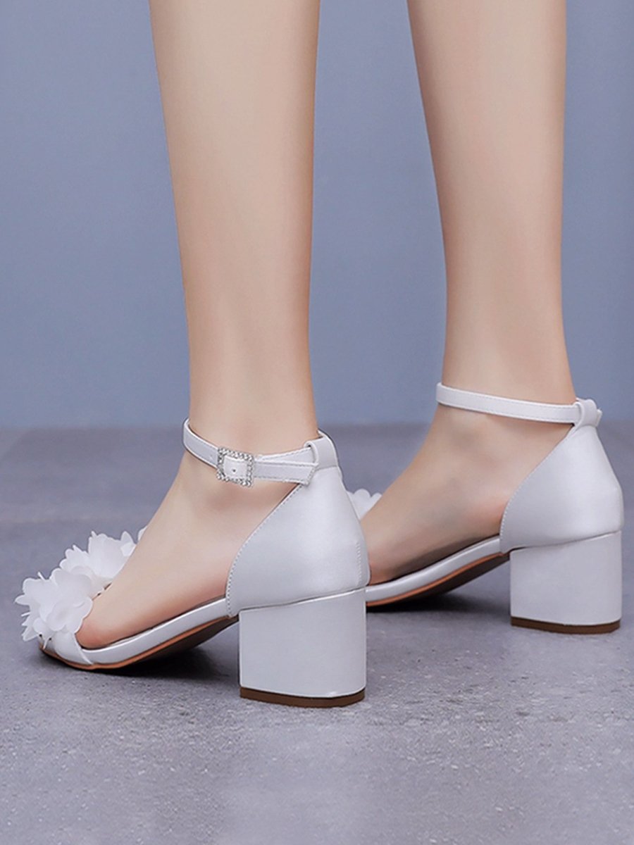 White Floral Satin Open Toe Low Chunky Heels - KissProm