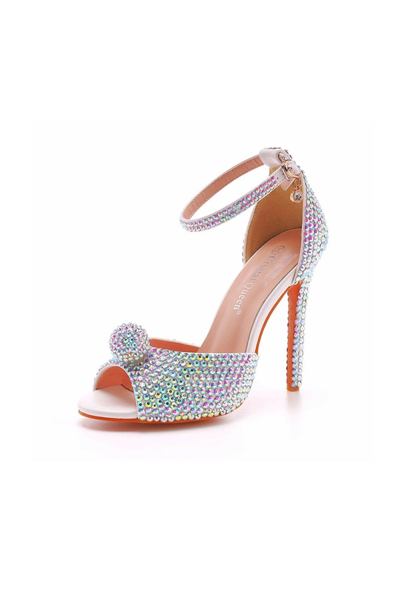 Rhinestone Embellished Open Toe Ankle Strap Stiletto Heels - KissProm