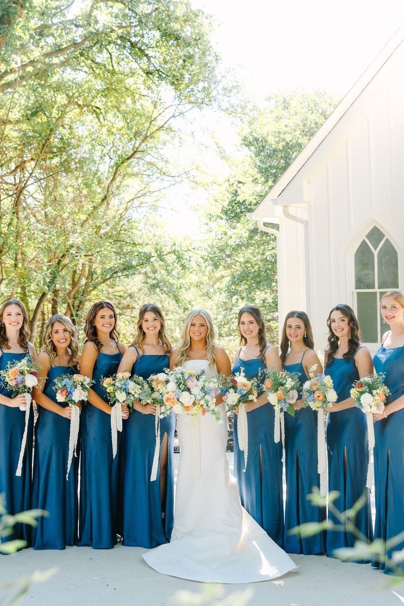 Simple Mermaid Spaghetti Straps Blue Long Bridesmaid Dresses with Bow Back - KissProm