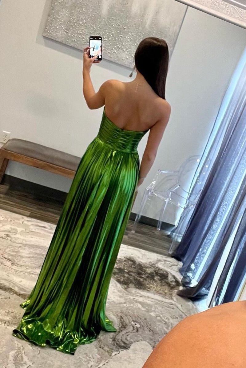 Oakley | Green Metallic Strapless Pleated A-Line Long Prom Dresses