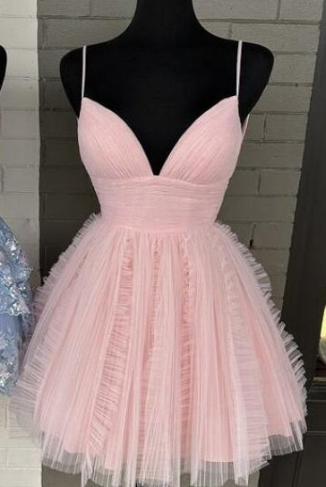 Celeste | Sky Blue Straps A-line Short Tulle Ruched Homecoming Dress