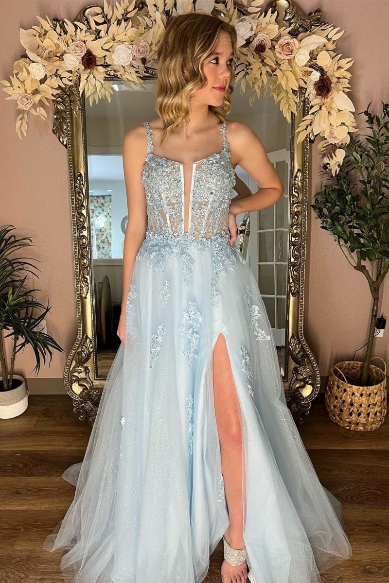 Light Blue Floral Lace Split Neck A-Line Prom Dress with Slit Light Blue Floral Lace Split Neck A-Line Prom Dress with Slit