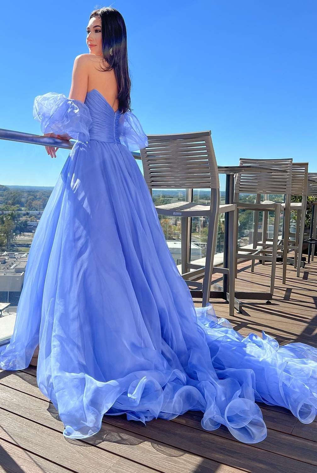 Lavender Strapless A-Line Prom Dress with Puff Sleeves