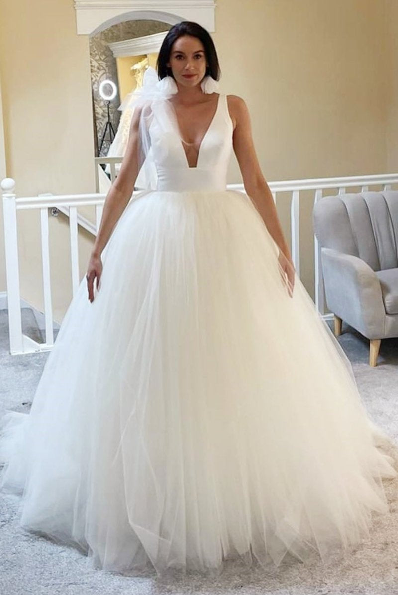 A-Line White Tulle Plunge V Open Back Wedding Dress