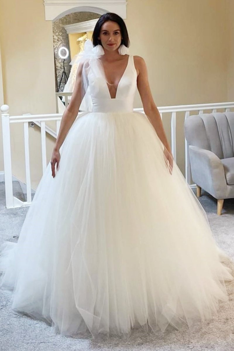 A-Line White Tulle Plunge V Open Back Wedding Dress