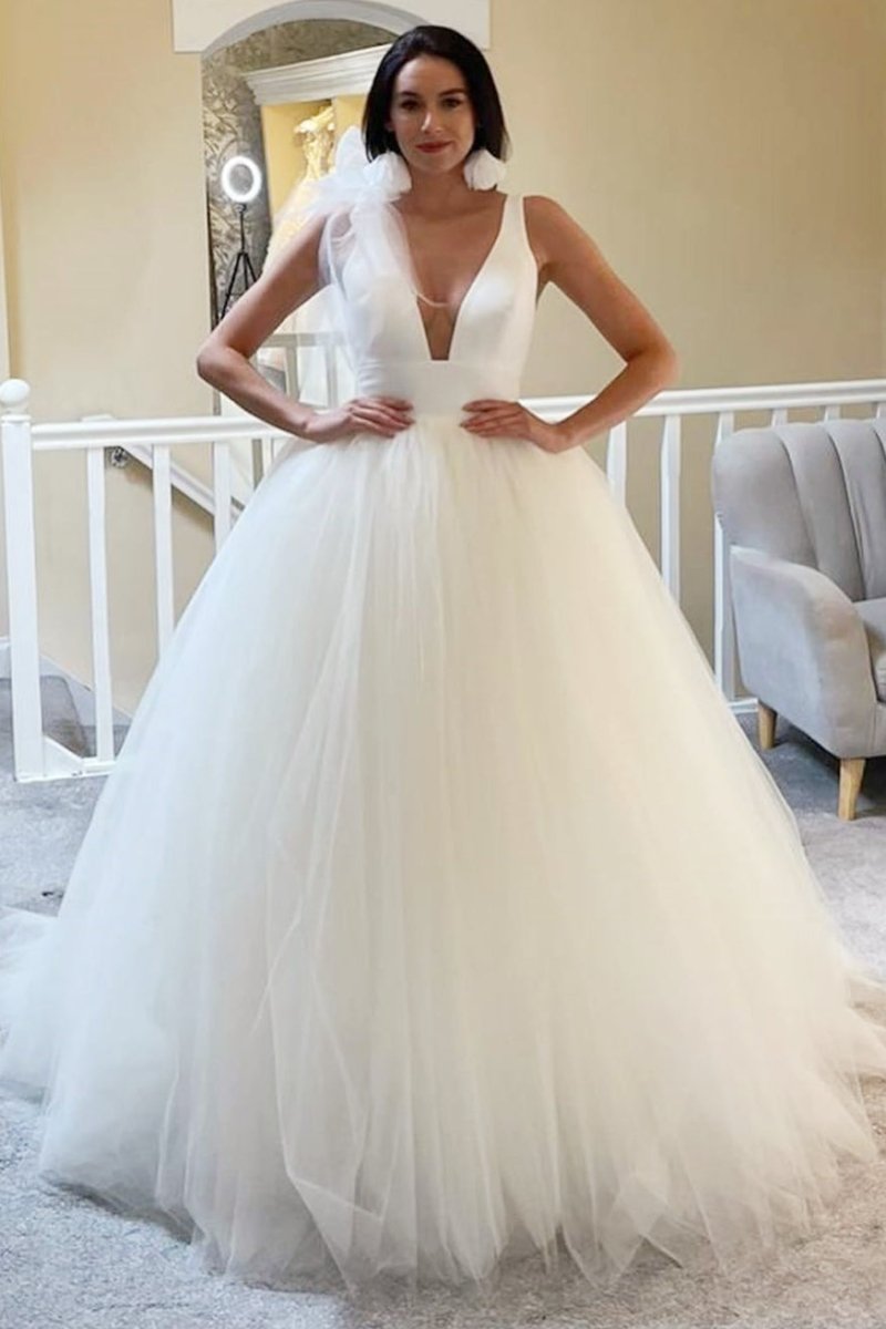 A-Line White Tulle Plunge V Open Back Wedding Dress, Black / 16 A-Line White Tulle Plunge V Open Back Wedding Dress, Black / 16