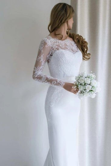 Bateau Lace Long Sleeve Sheath Chiffon Wedding Dress With Sweep Train
