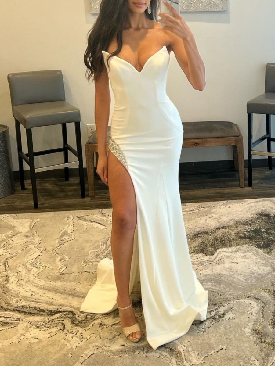 White Strapless V Neck Long Prom Dress With Slit - KissProm
