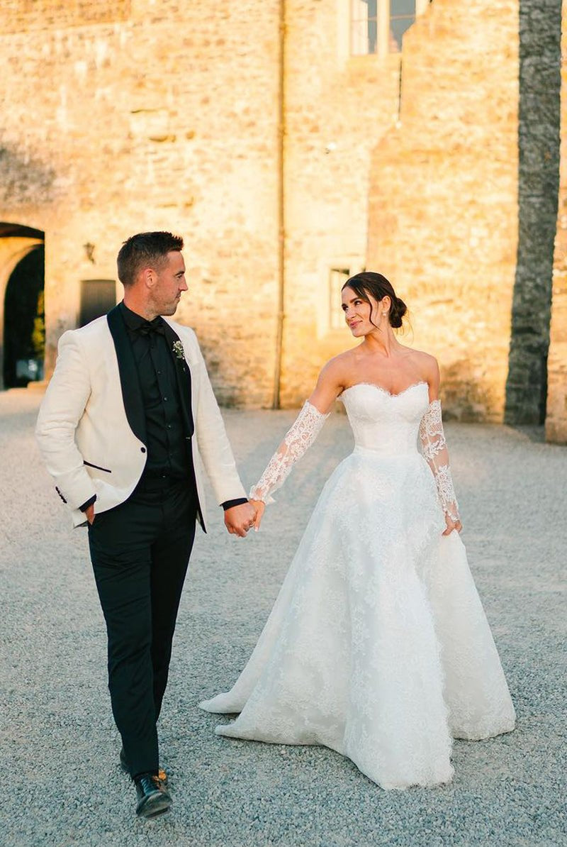 Vintage A-Line Sweetheart White Lace Wedding Dresses with Slit