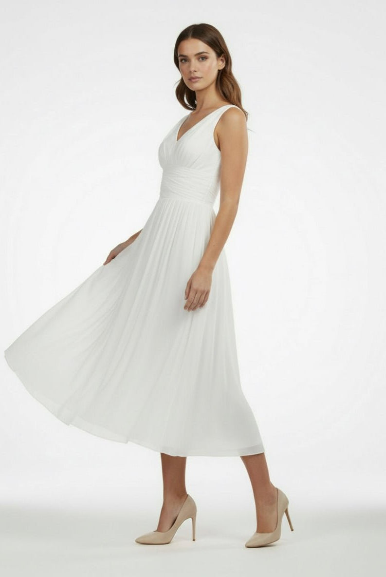V - Neck Sleeveless Tea - Length Chiffon Wedding Dress With Ruching And Low - V Back - KissProm