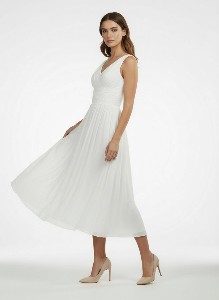 V - Neck Sleeveless Tea - Length Chiffon Wedding Dress With Ruching And Low - V Back - KissProm