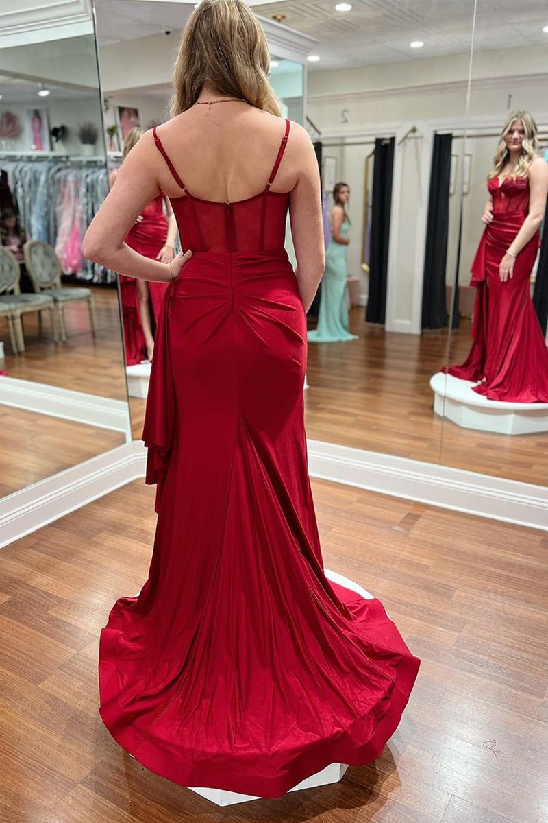 Dark Red Sweetheart Satin Mermaid Long Prom Dresses with Slit - KissProm