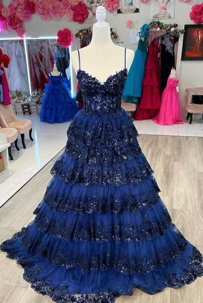 Maryam |A Line Spaghetti Straps Tiered Lace Prom Dress