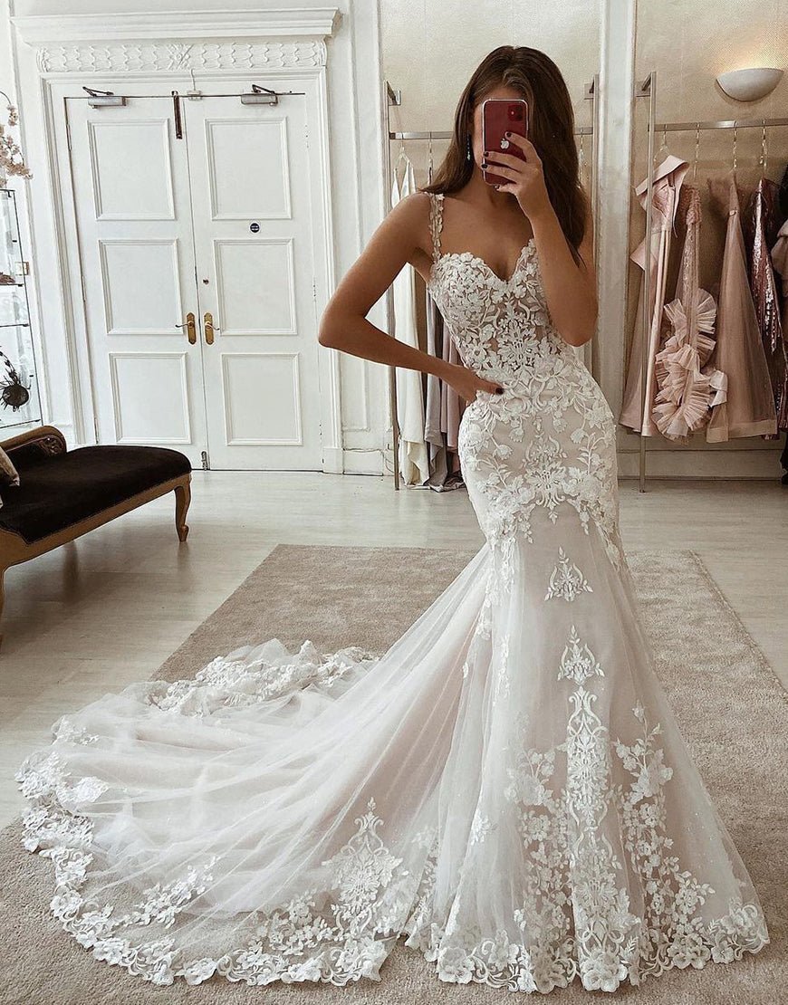 Mermaid Sweetheart Spaghetti Straps Wedding Dress with Appliques, Diamond White / 20 Mermaid Sweetheart Spaghetti Straps Wedding Dress with Appliques, Diamond White / 20
