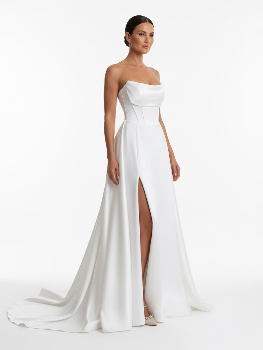 Jane | A-Line Strapless White Satin Wedding Dresses with Slit