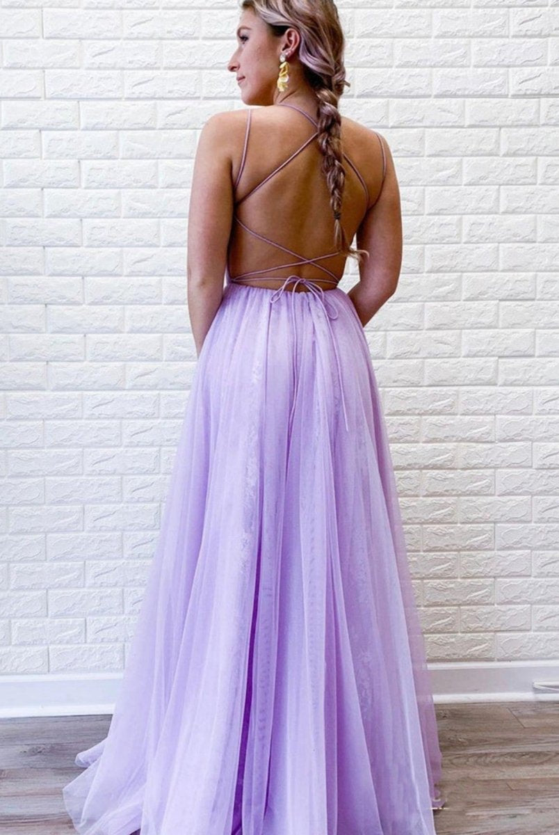 A Line Purple Backless Tulle Long Prom Dress