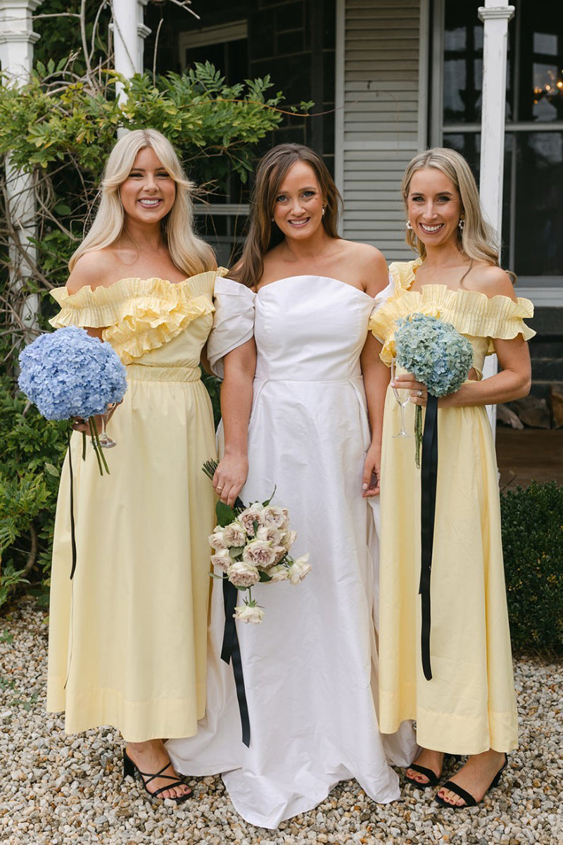 Yellow Off the Shoulder Ruffle Satin Ankle Length Bridesmaid Dresses