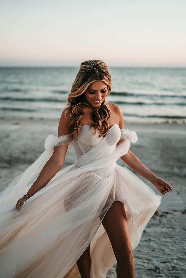 Fairy Off the Shoulder Tulle Wedding Dresses with Slit