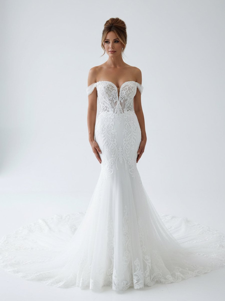 Jream | White Long Tulle Mermaid Wedding Dress with Lace Appliques - KissProm