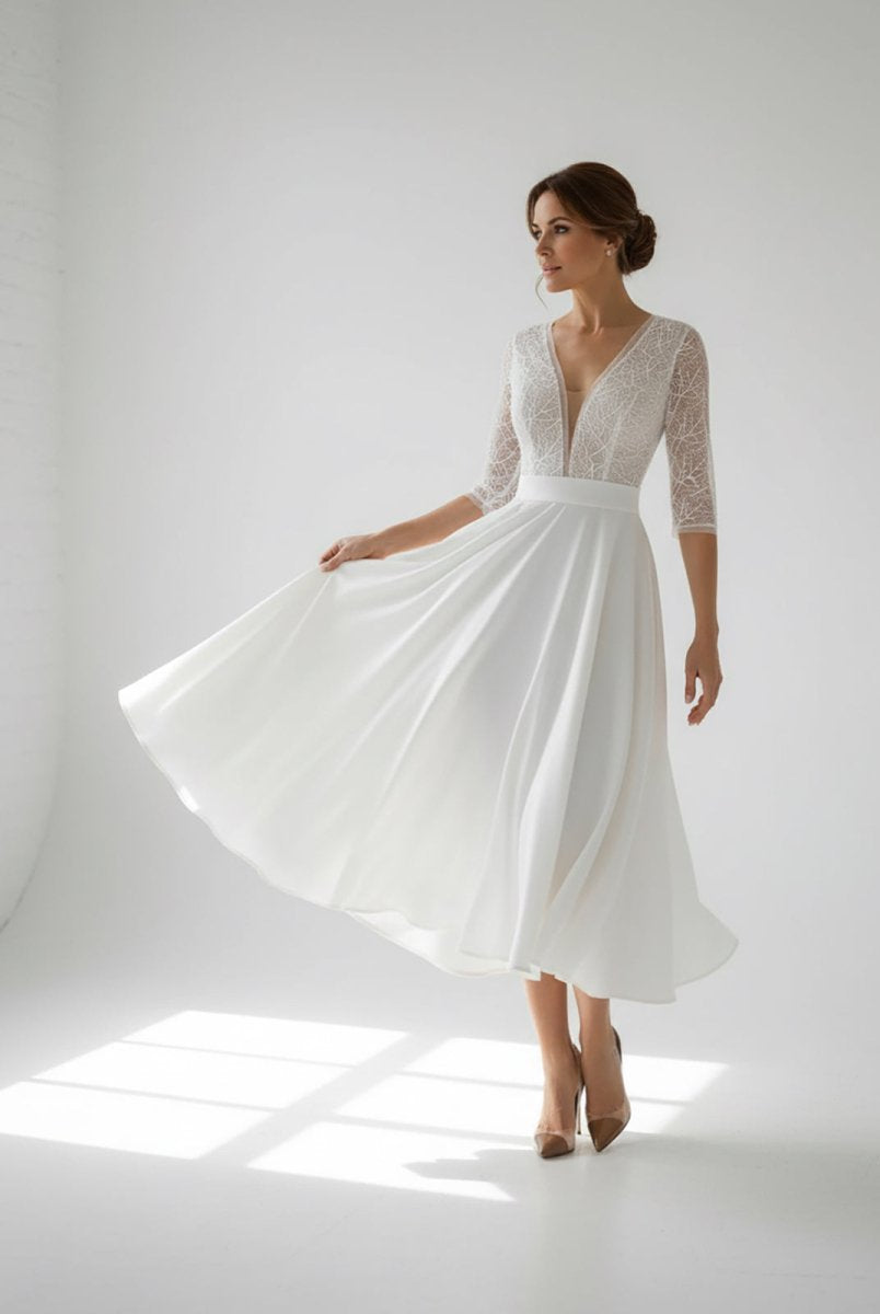 Margaritte | Satin V - neck A Line Tea - length Wedding Dress with Ruching and Sash - KissProm