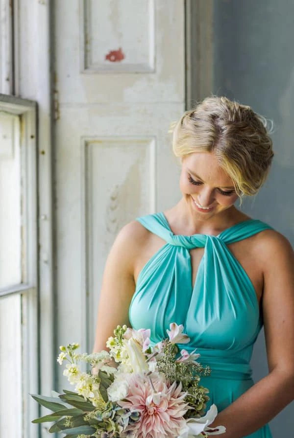 A Line Halter Neck Jersey Bridesmaid Dress With Half Sleeves And Straps Back - KissProm