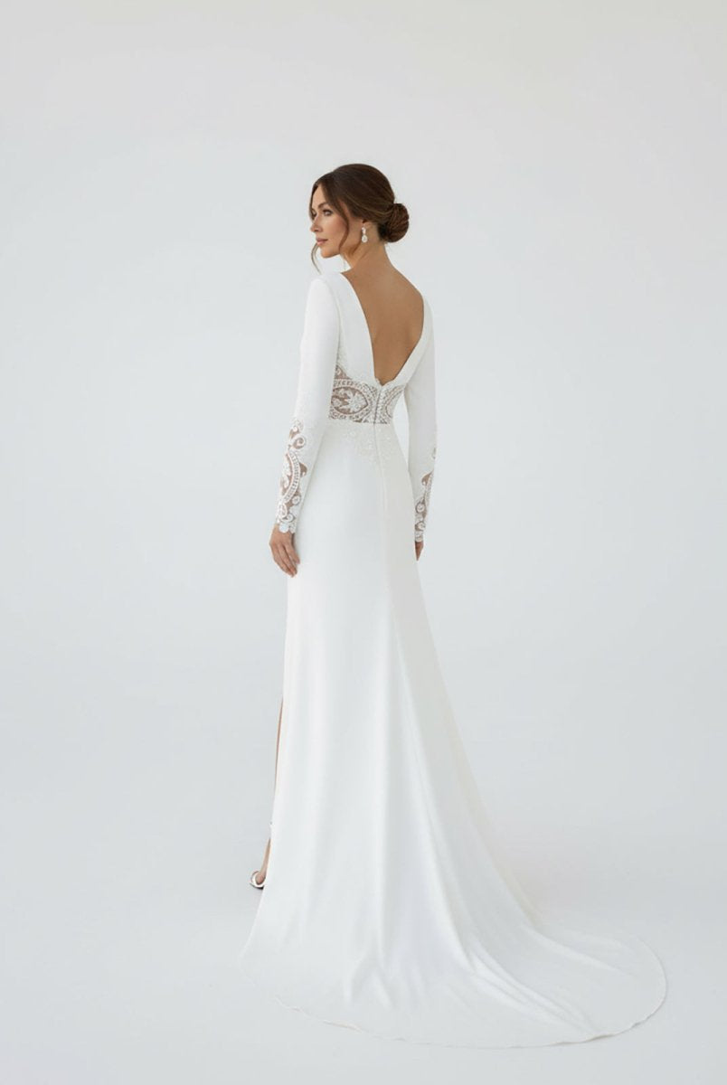 Hollynn | Casual V - neck mermaid Sweep Train Long Sleeve Wedding Dress With Slit - KissProm