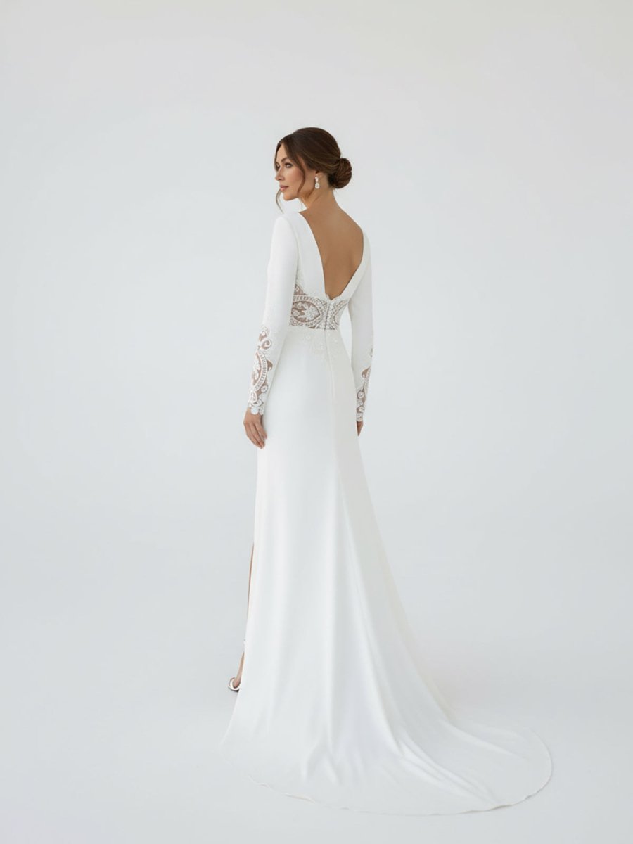 Hollynn | Casual V - neck mermaid Sweep Train Long Sleeve Wedding Dress With Slit - KissProm
