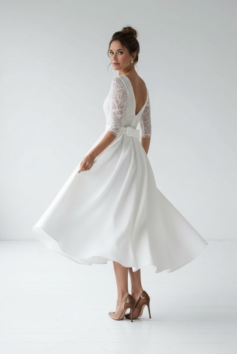 Margaritte | Satin V - neck A Line Tea - length Wedding Dress with Ruching and Sash - KissProm