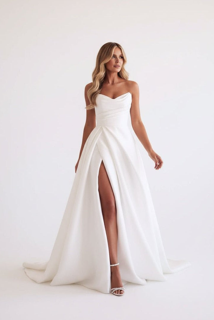 Janalee | A-Line White Sleeveless Satin Wedding Dress With Side Slit