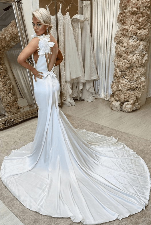 White Satin Backless Mermaid Wedding Dress with Flowers