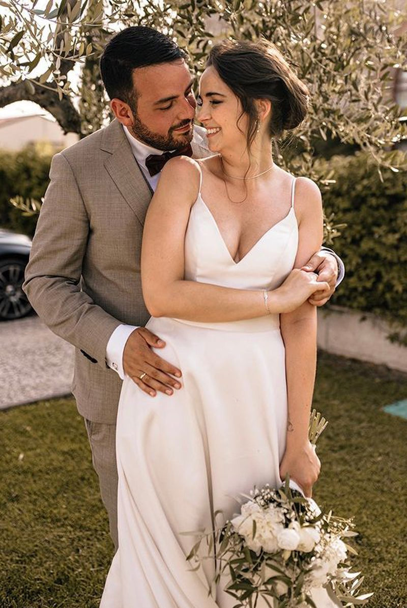 Elegant A Line V Neck Straps Satin Wedding Dresses