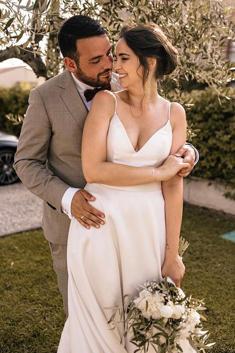 Elegant A Line V Neck Straps Satin Wedding Dresses