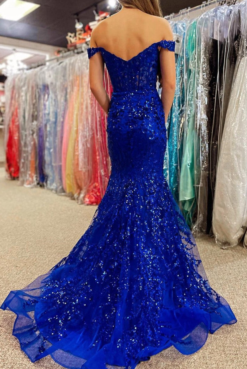 Soleil | Gold Sequin Lace Off the Shoulder Mermaid Prom Dress