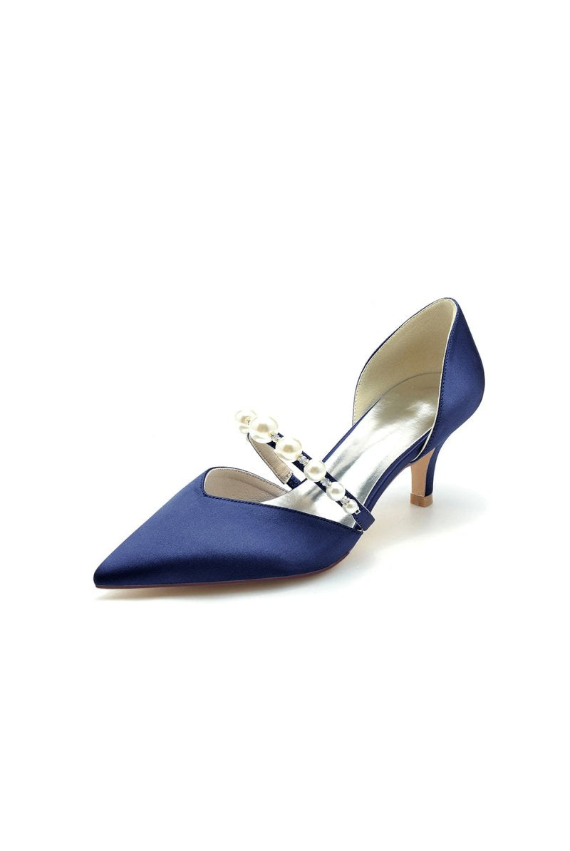 Elegant Satin Pointed Toe Heels with Pearl Strap - KissProm