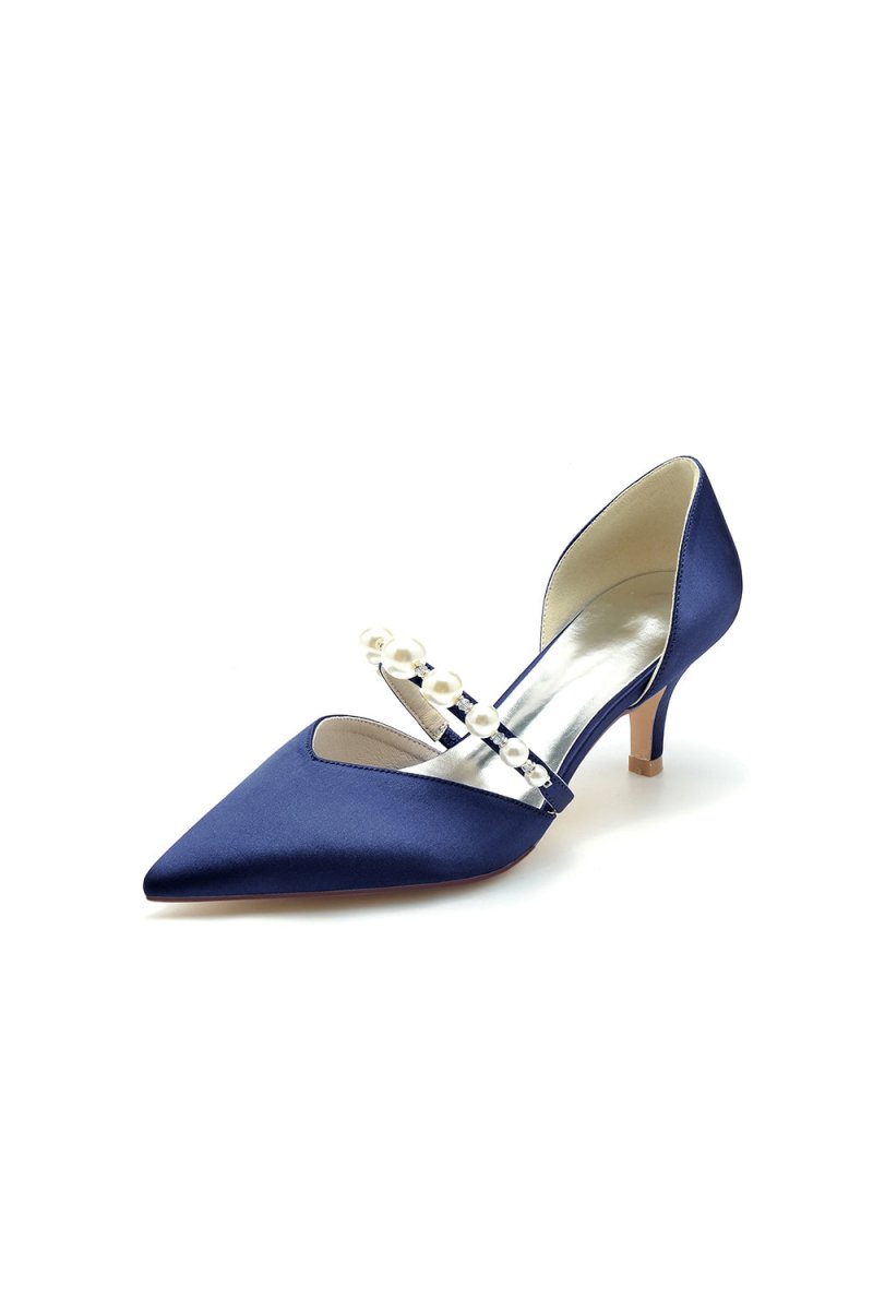 Elegant Satin Pointed Toe Heels with Pearl Strap - KissProm